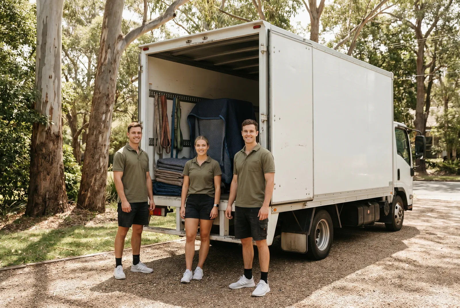 Three removalists in olive polo shirts standing at the open rear of a white removal truck