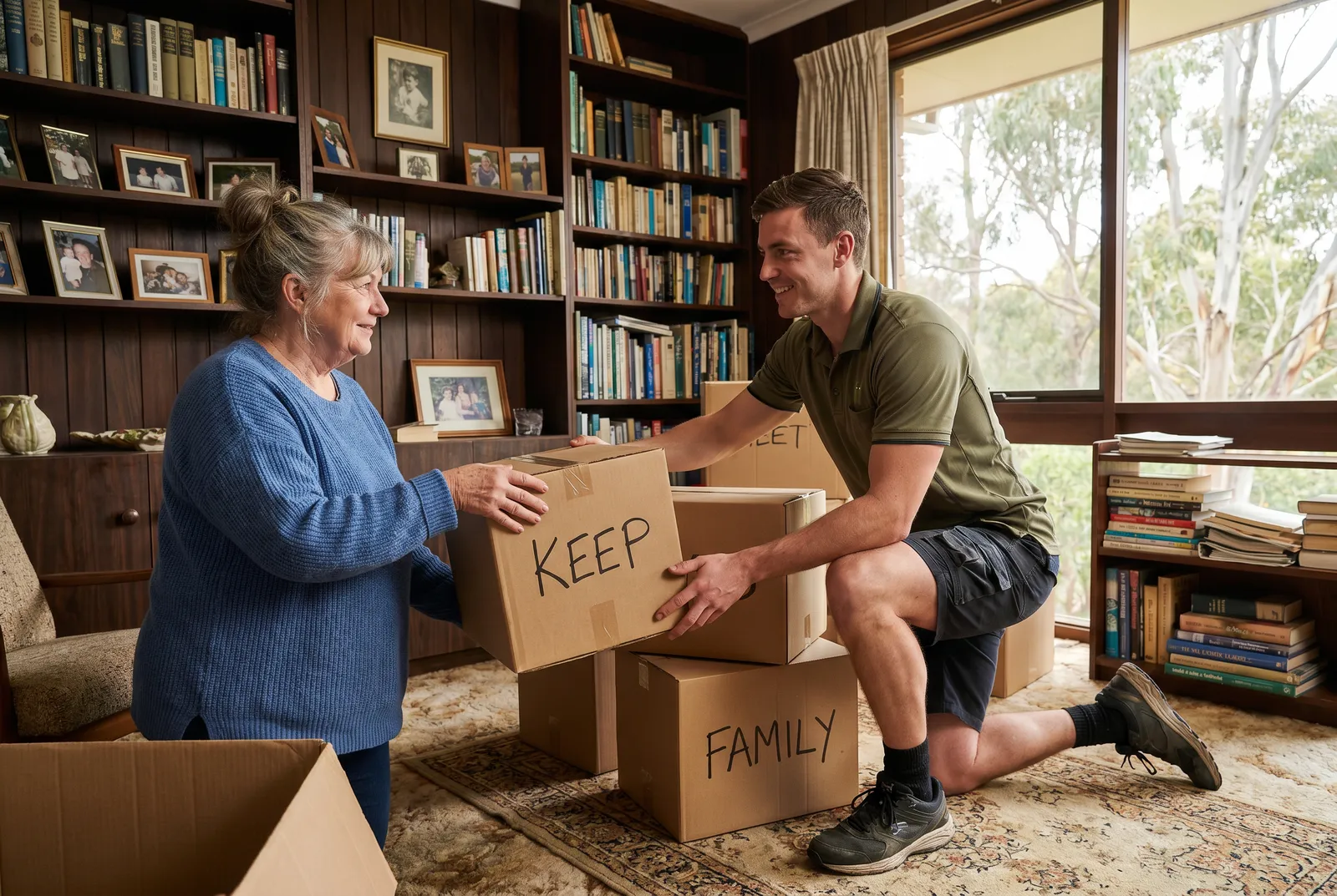 A woman in her sixties and a removalist sorting labelled cartons together in a family lounge room