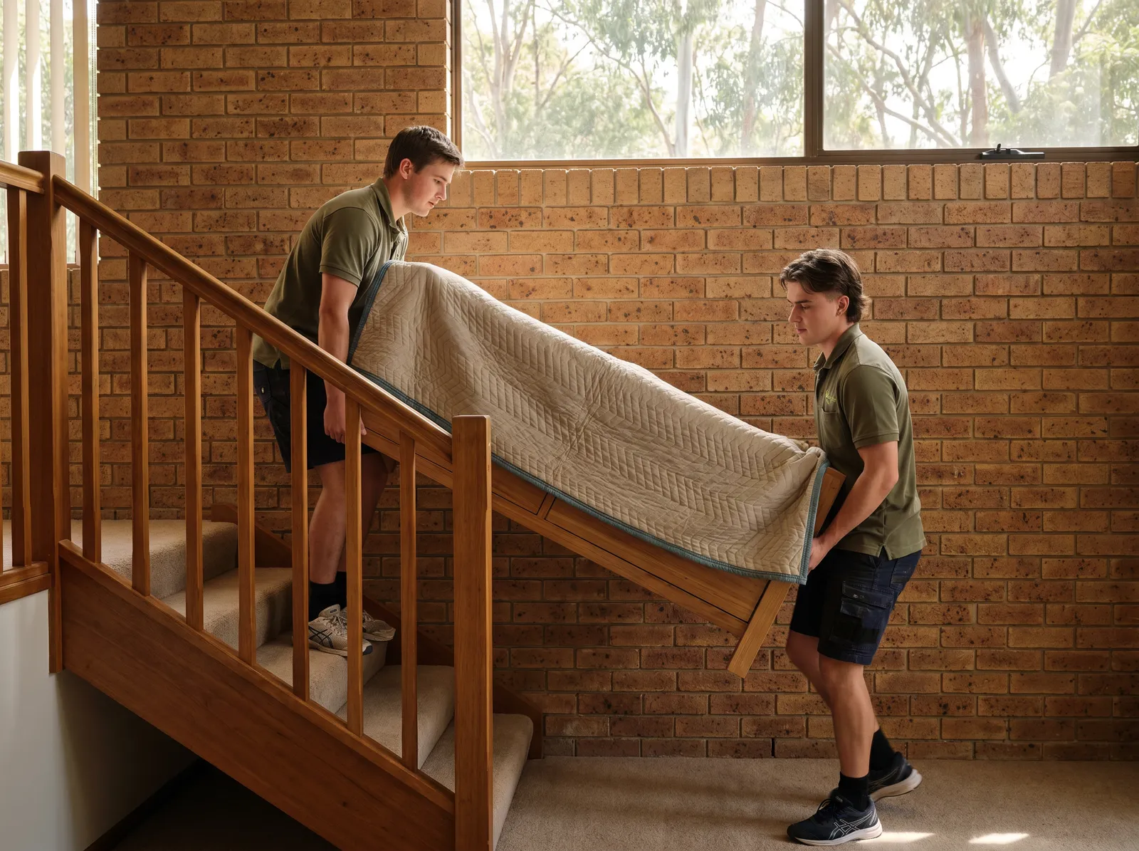 Two removalists carrying a wrapped sideboard up a half-flight of internal stairs in a split-level home