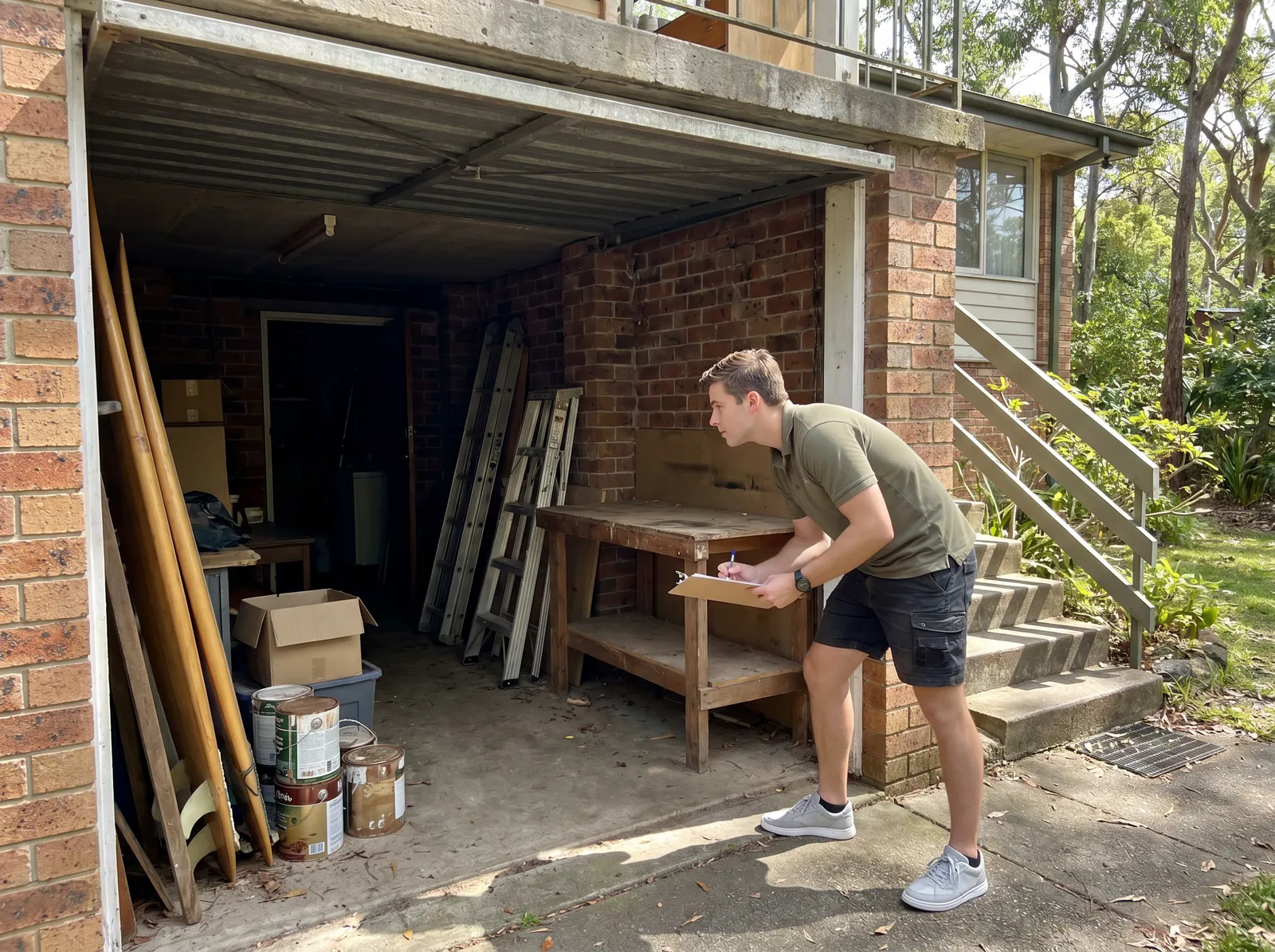 Removalist with a clipboard assessing a packed under-house storage area beneath a split-level home